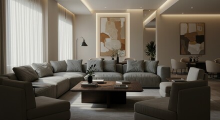 Sophisticated modern living room exudes tranquility and comfort with plush sectional sofa, abstract art, and ambient lighting creating an elegant, inviting atmosphere for relaxation and entertaining.