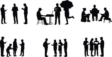 Silhouettes of people talking, reading, discussing, using smartphones, group interaction, communication, teamwork, meeting, business, collaboration, casual conversation, diverse people.