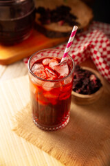 Hibiscus cooler. In Mexico, known as Agua de Jamaica, an infusion made from the hibiscus flower (Hibiscus sabdariffa), which is said to have multiple health benefits. It can be enjoyed hot or cold.