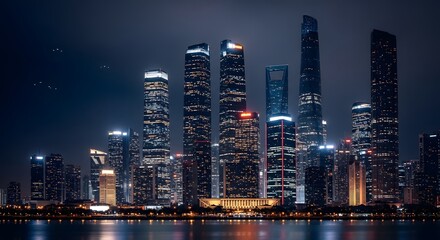 Obraz premium Guangzhou City Skyline at Night Skyscrapers and City Lights Reflected