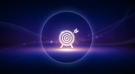 Glowing target with arrow, signifying achievement and success, set against a dark blue, abstract background.