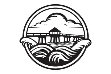Pier and Waves, Retro Emblem on a White Background, Ocean View