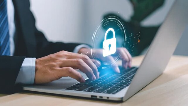 Secured Data Transfer Concept: Person Working on Laptop with Cybersecurity Graphics