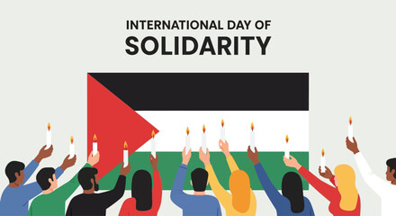 flat vector poster of people lighting candles of peace and justice, arranged to form the Palestinian flag, International Day of Solidarity