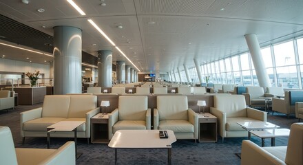 Elegant modern airport lounge with comfortable seating and panoramic window views, a tranquil oasis for travelers seeking relaxation and upscale ambiance before flights.