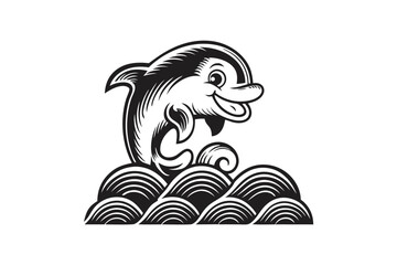 Smiling Dolphin Jumping Over Waves on White Background