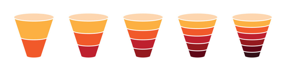 Business funnel infographic chart for marketing strategy, sales process and workflow. 2, 3, 4, 5, and 6 parts
