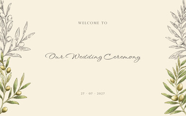 Rustic Botanical Wedding Welcome Sign Hand Drawn Olive Line Art with Watercolor Style