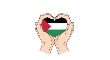 flat vector of hands forming a heart shape around the Palestinian flag, symbolizing peace, unity, and support