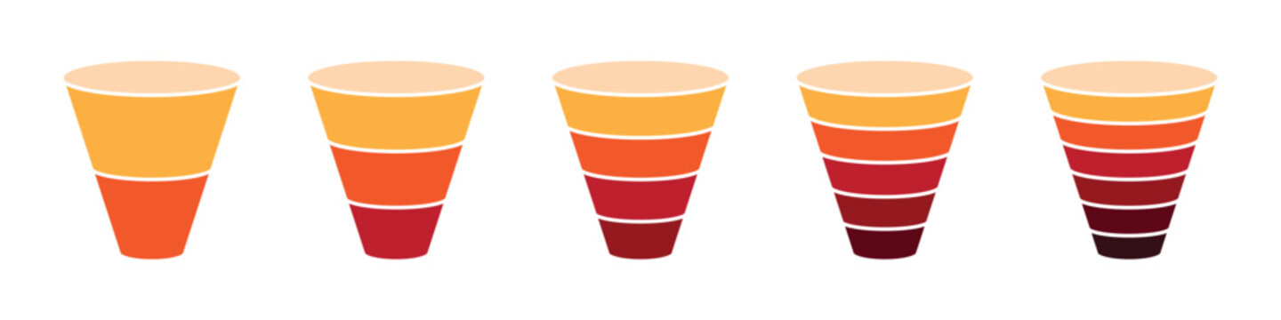 Business funnel infographic chart for marketing strategy, sales process and workflow. 2, 3, 4, 5, and 6 parts