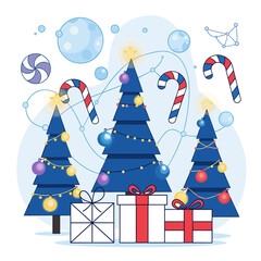 Christmas Trees and Gifts with Candy Canes and Ornaments.