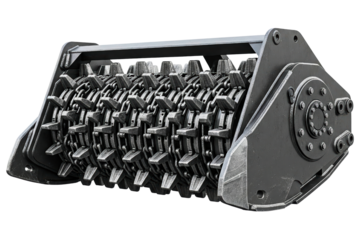 Heavy-duty forestry mulcher attachment for an excavator isolated on a transparent background