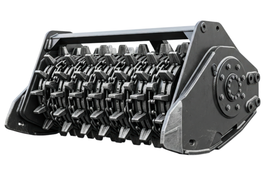 Heavy-duty forestry mulcher attachment for an excavator isolated on a transparent background