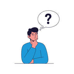 Man thinking with question mark in speech bubble illustration.