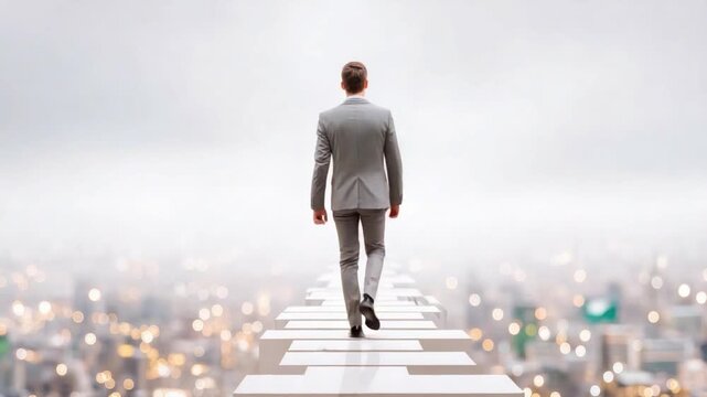 Business Visionary: A solitary figure strides confidently into the future, walking on an elevated path, representing the embodiment of aspiration, determination and limitless opportunity.