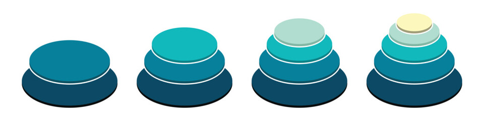 Layered circular cone infographic showing business growth and development, success and progress. 2, 3, 4, and 5 parts