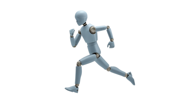 Gray mannequin running isolated on transparent background, representing human motion