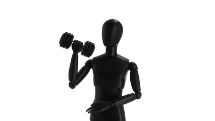 Black mannequin lifting dumbbell isolated on transparent background in studio shot