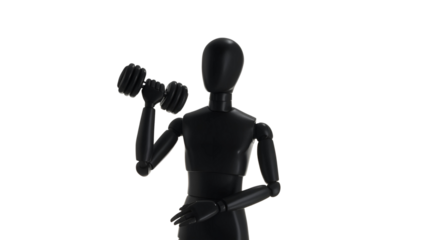Black mannequin lifting dumbbell isolated on transparent background in studio shot