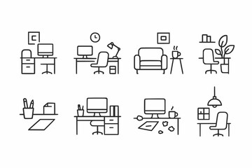 Minimalist line icons of office spaces and organization