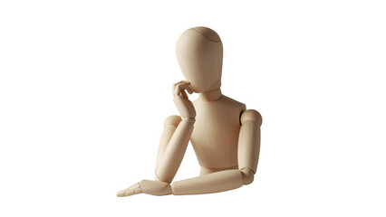 Wooden mannequin sitting in a thoughtful pose isolated on transparent background