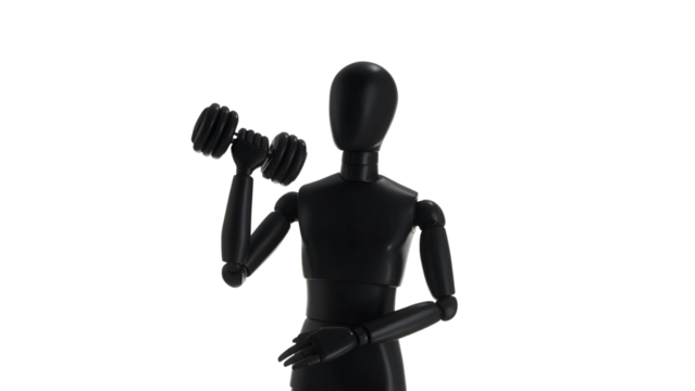 Black mannequin lifting dumbbell isolated on transparent background in studio shot