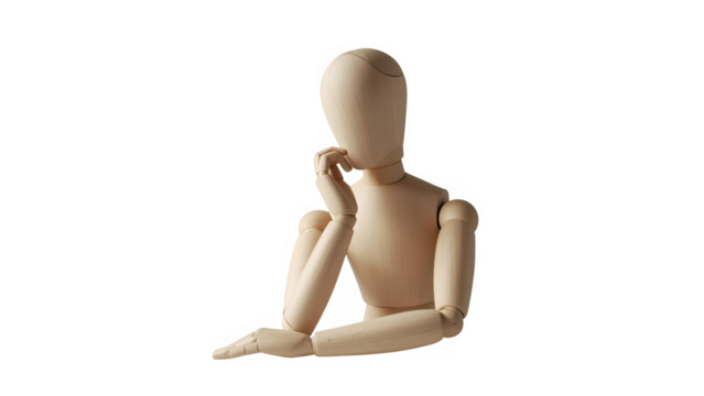 Wooden mannequin sitting in a thoughtful pose isolated on transparent background - Powered by Adobe