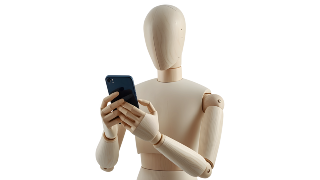 Wooden mannequin using a smartphone isolated on transparent background in studio shot
