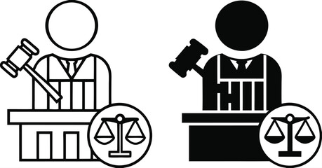 Judge Icons. Black and White Vector Illustrations. Judge, Gavel, and Scales. Official Who Considers and Resolves Civil, Criminal, and Administrative Cases. Justice Concept

