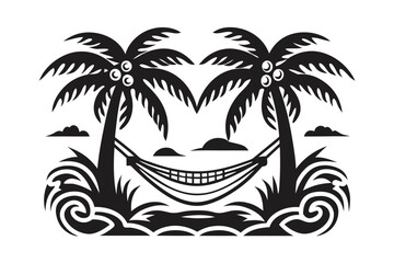 Tropical Paradise Black Palms, Hammock Vector, Serene Island, White Background