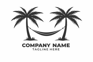 Fototapeta premium Twin Palms with Hammock Silhouette Logo Design on a White Background,