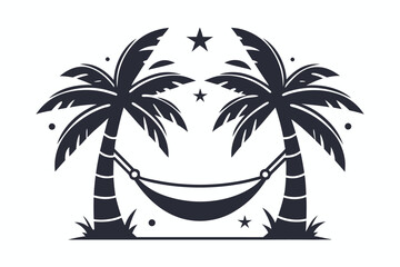 Two Palm Trees Hammock Stars Silhouette Tropical White Background
