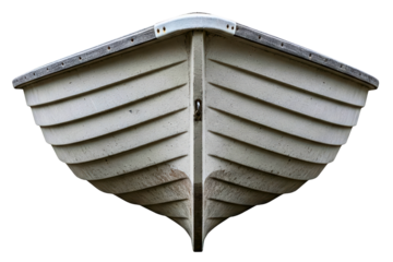 Front view of the bow of a vintage white painted wooden boat isolated on a transparent background