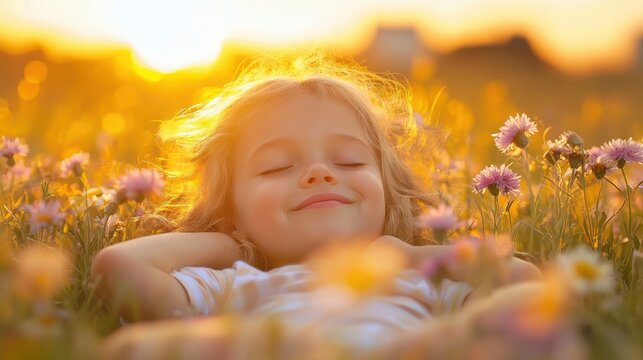 a field of wildflowers, smiling gently, representing mindfulness and simple joys, with a glowing blurred background