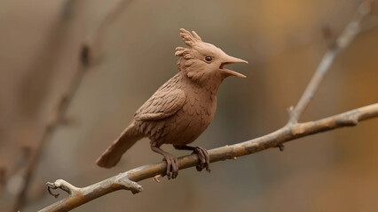 A brown clay bird figurine perched on a branch with its beak open wide