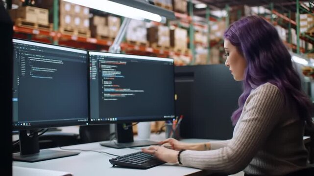 Concentrated programmer with dual monitors writing code in modern office