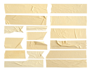 Torn adhesive tape strips arranged in grid.  Beige/cream colored tape pieces with wrinkled, creased surfaces.  Visible adhesive edges