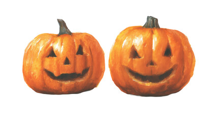 Watercolor halloween two carved pumpkins with spooky faces isolated on transparent background