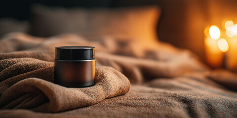 A jar of nighttime face cream against brown fabric, blurred background. Luxurious and warm atmosphere.