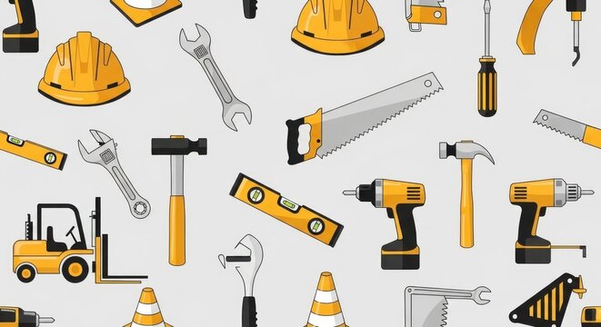 A repeating pattern showcasing diverse construction tools helmets, wrenches, saws, hammers, screwdrivers, drills, levels, cones, and a forklift, on a gray backdrop