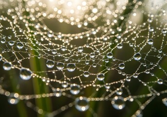 Glistening dewdrops on a delicate spiderweb in the morning light