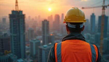 Construction worker in yellow hard hat, orange vest overlooks city skyline at sunset. Emphasizes safety, sustainability, eco-friendly practices at building sites. Focus on environmental protection,