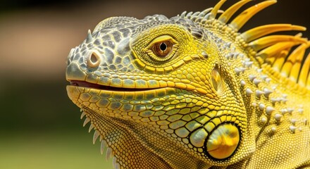 Fototapeta premium Captivating Close-Up of a Yellow Iguana Revealing Intricate Scaled Texture