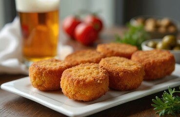 Traditional Spanish croquettes with sweet potato, tofu, mushroom filling. Vegan tapas fried to crispy golden brown, offering delicious, healthy snack perfect for parties casual meals. Served on white