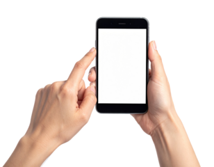 Hands holding a black smartphone with a blank screen