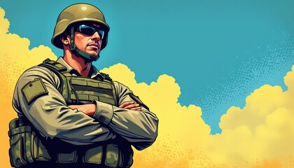Pop art illustration of determined soldier in uniform wearing helmet, sunglasses. Soldier stands with arms crossed, exuding strength, discipline, patriotism against bright blue sky with yellow