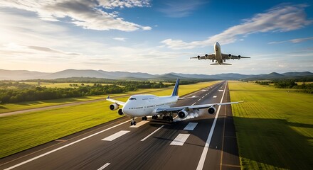 Two Airplanes on Runway at Sunrise.