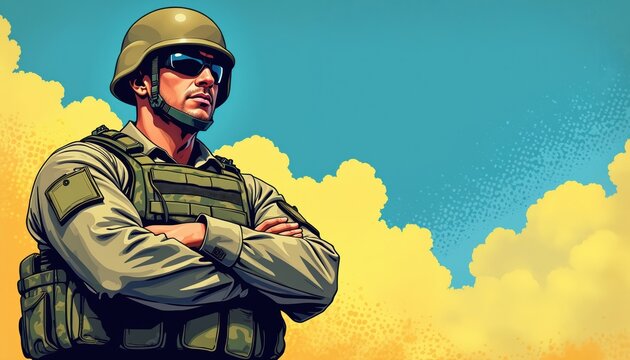 Pop art illustration of determined soldier in uniform wearing helmet, sunglasses. Soldier stands with arms crossed, exuding strength, discipline, patriotism against bright blue sky with yellow