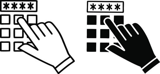 Code Icons. Black And White Vector Illustration. Man Dials Secret PIN Code To Access Finance. Man's Hand And ATM Keypad. Concept Password And Data Security

