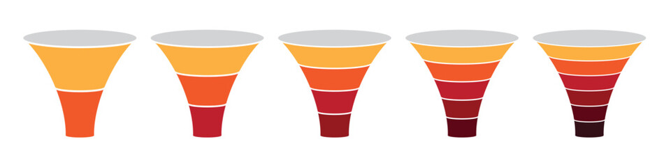 Red yellow funnel infographic for marketing strategy, business process and data conversion. 2, 3, 4, 5, and 6 parts